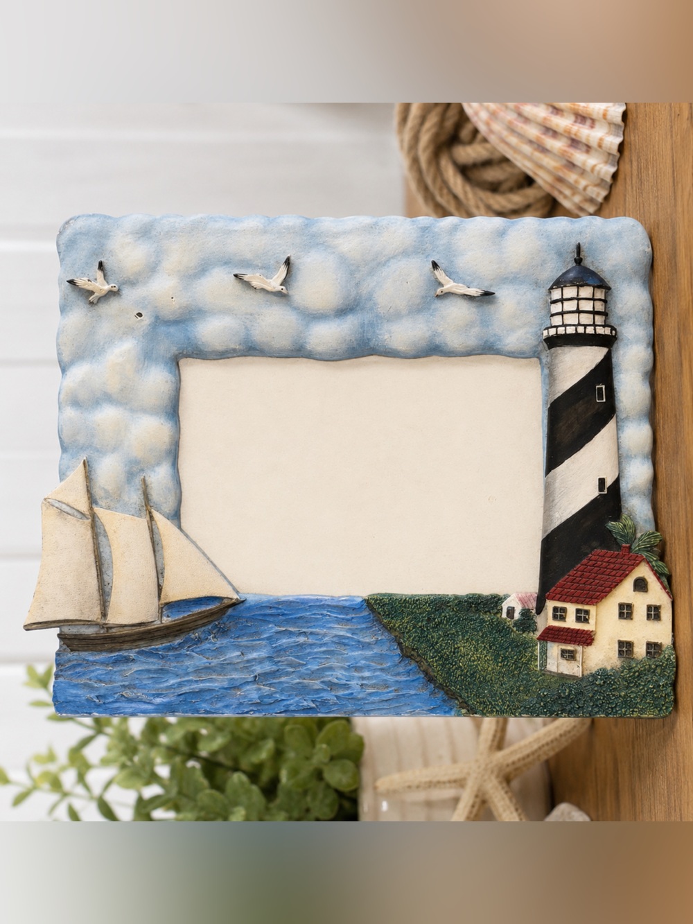Coastal Lighthouse & Sailboat Picture Frame – Nautical Beach Cottage Photo Frame